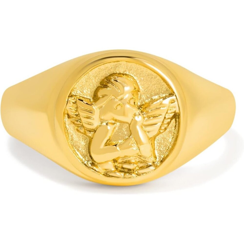 Gold Chunky Signet Stackable Pinky Ring for Women Men, Guardian Angel Cherub